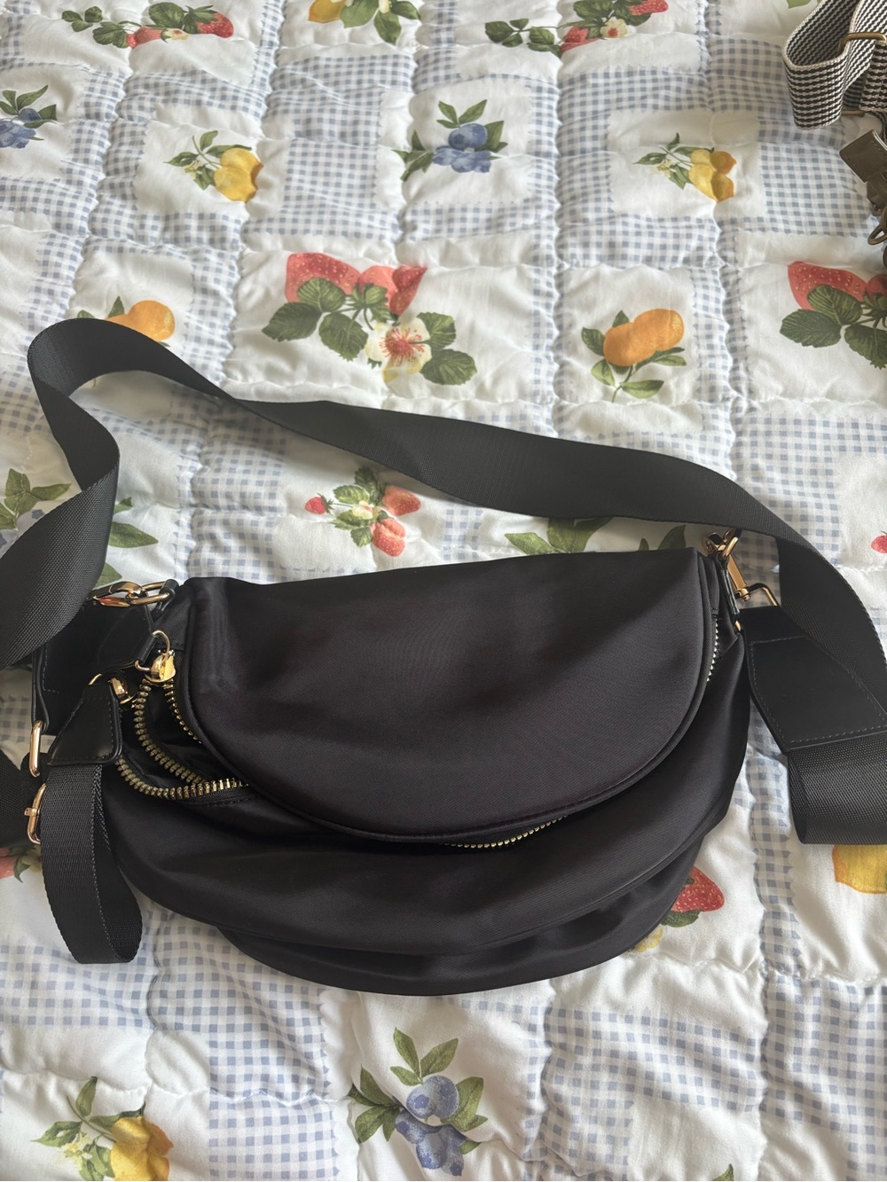 Black Crossbody/ Belt Bag with Gold Hardware - Women's Stylish Everyday Bag